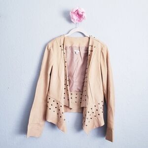 Cache Vintage Camel Studded Leather Open Front Western Jacket